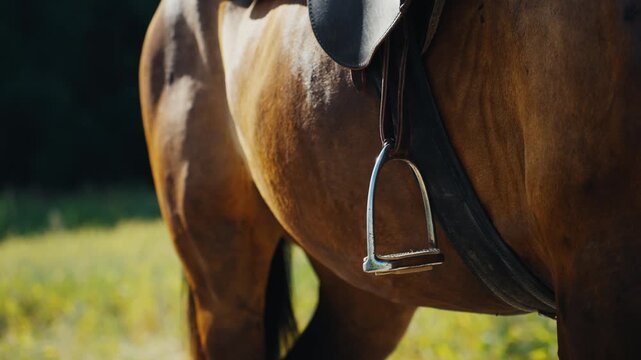 Close up of a muscular brown horse saddled up for riding