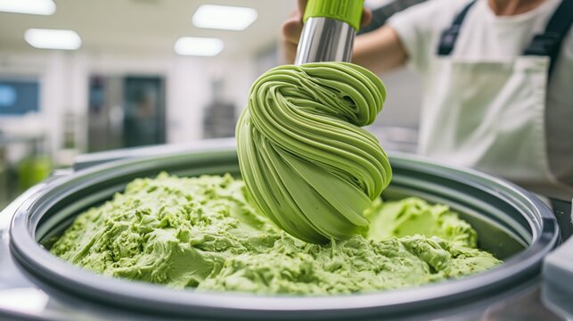 Artisan scooping pistachio gelato from a batch freezer in a kitchen. Concept of gelato production.