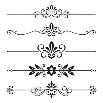 Array of stylish ornate page dividers and decorative accents for projects, elaborate floral clusters and swirling borders, symmetrical flourishes for chapter breaks, clean white background placement.