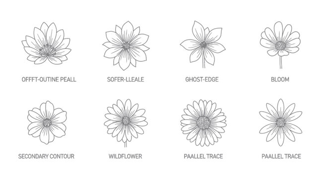 Set of eight wildflower line art blossom icons.