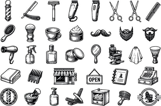 Vintage barber shop elements collection straight razors scissors hair clippers brushes 