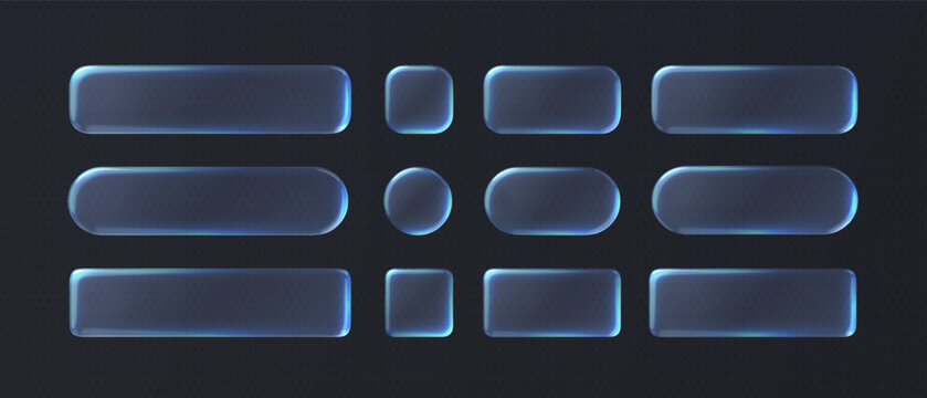 Liquid blue glass shape with neon glow on dark background. Futuristic transparent glossy ux ui element