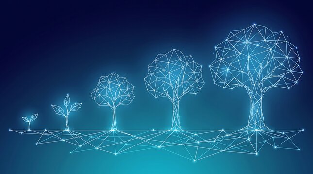 Digital growth concept illustrating the stages of development with futuristic polygon trees