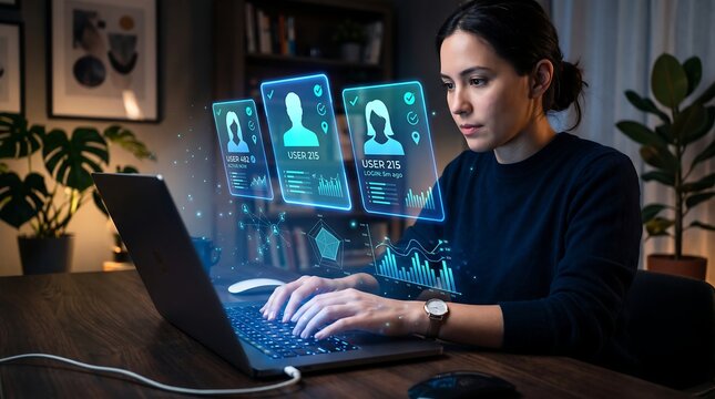 Cybersecurity analyst monitoring user activity and network traffic on laptop with data visualization