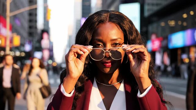 Confident Black businesswoman on busy city street at sunset