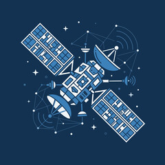 A stylized satellite orbits in deep space with signal waves © adit