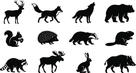 Fototapeta premium Forest woodland animals silhouette vector set, deer, fox, wolf, bear, moose wildlife 