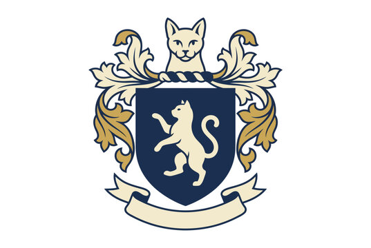 Elegant heraldic crest with a white cat and ornate gold details