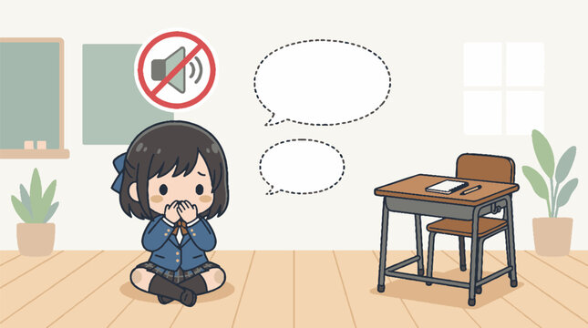 Cute cartoon schoolgirl sitting on classroom floor feeling anxious and unable to speak with mute icon.