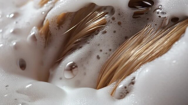 Close up macro view of silky hair covered with shampoo bubbles and foam showing beauty care washing treatment cleanliness hygiene salon routine cosmetic texture fresh healthy hair background detail
