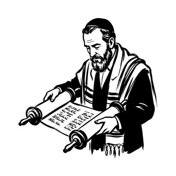 Elderly man in prayer shawl reading a Torah scroll