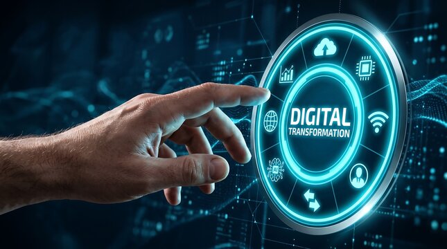 Digital transformation concept hand interacting with a futuristic interface displaying key technology icons
