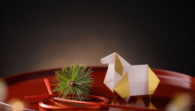 Origami sheep in white and gold on red lacquer tray with pine and mizuhiki, Japanese New Year 2027