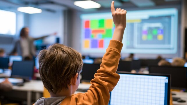 View from behind a child raising a hand in a computer lab with the teacher pointing back at a coding screen. Concept of computing education.
