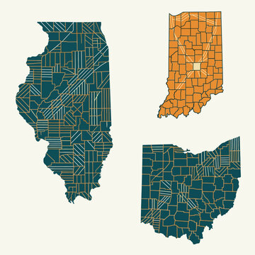 Minimalist county map set of Illinois, Indiana and Ohio