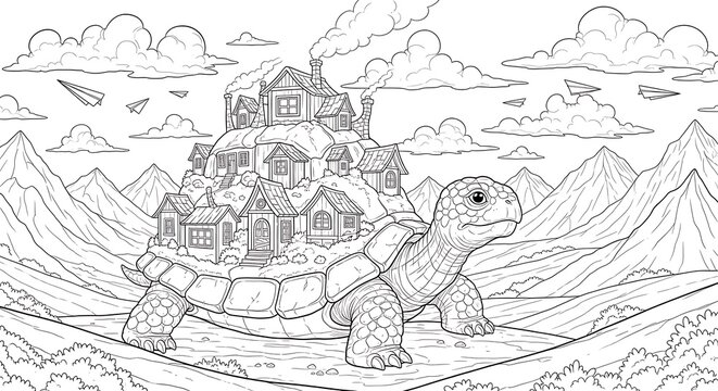 Fantasy line art drawing of a giant turtle carrying a village on its