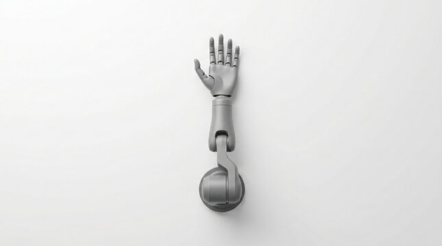 Full robotic bionic arm lying vertically flat on clean white background top view