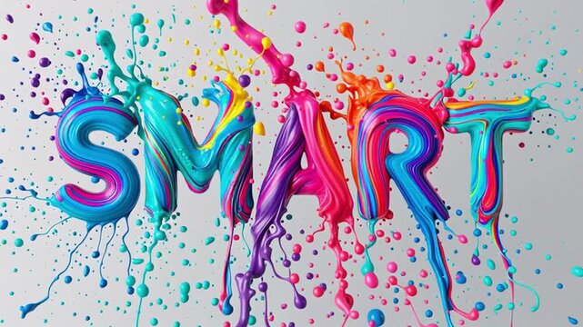 Bright liquid paint in various colors creates the word smart. The letters are bold and dynamic, showing splashes and drips of color against a simple gray background.
