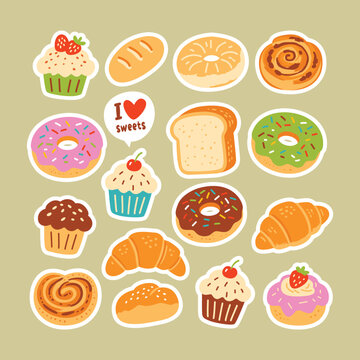 Cartoon Bakery Food Collection for Menu, Stickers and Food Design 