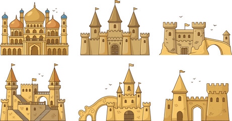 Detailed sandcastle vector collection featuring medieval fortresses and oriental palaces with domes towers and flags for summer beach holiday designs isolated on white background © MdSaddam