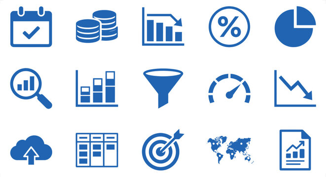Blue finance and analytics icons on white background with copy space for data analysis and planning
