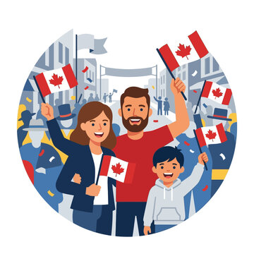 Family celebrating national holiday with flags and confetti