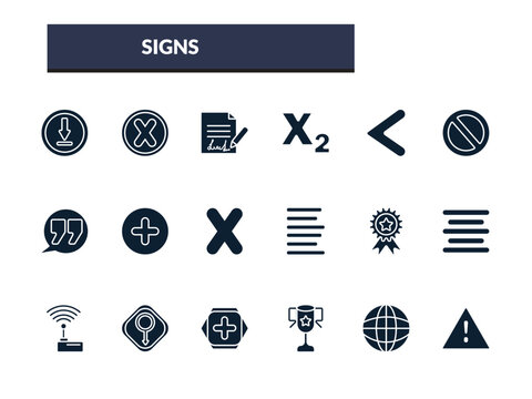filled signs icons set - , subscript, is less than, prohibition circle. editable vector for web and mobile ui