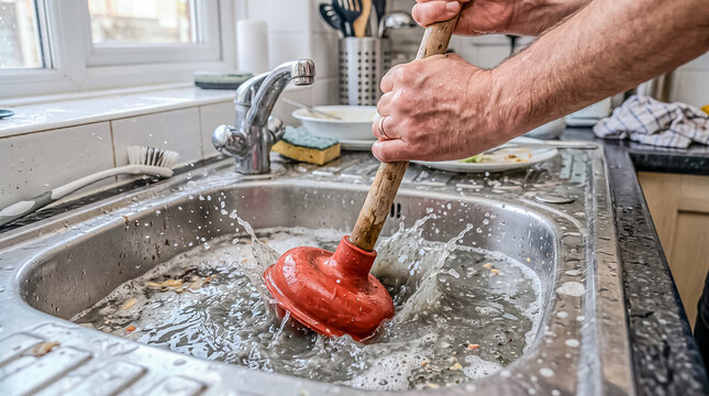 A person forcefully uses a red rubber plunger to clear a heavy water clog in a stainless steel kitchen sink full of bubbles.