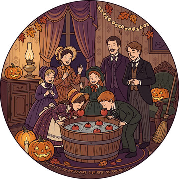 Family enjoying a traditional fall harvest game indoors