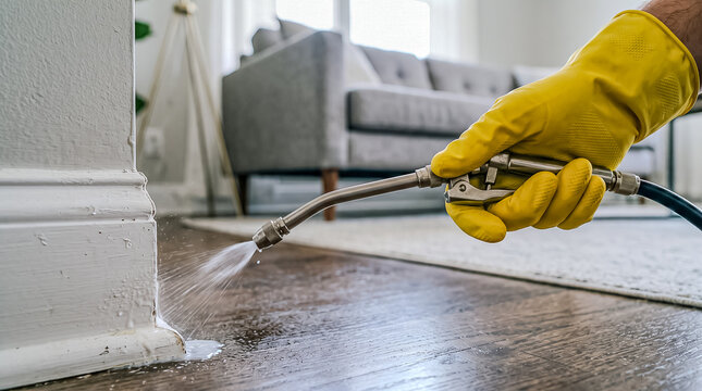 A pest control specialist in yellow gloves sprays liquid insecticide along a carpet edge next to a sofa in a home.
