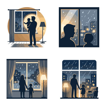 Family Silhouettes Watching Snowfall Through Windows.