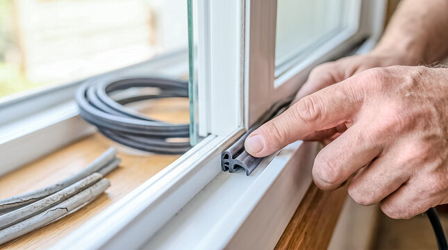 A hand carefully presses a black rubber gasket profile weather stripping seal into the groove of a white window frame.