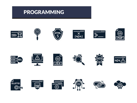 filled programming icons set - html5, 404 error, code terminal, php. editable vector for web and mobile ui