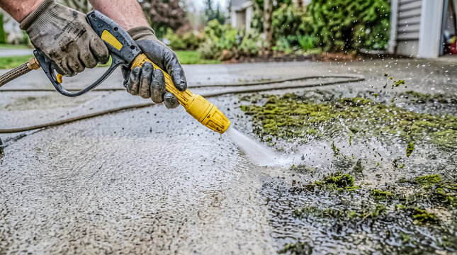 A worker holding a yellow high-pressure water washer gun to spray away mud and moss from a backyard stone path.