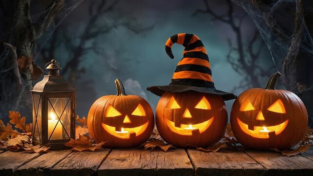Group of lit Jack-o-lanterns and an old lantern on a wooden deck in a misty night forest