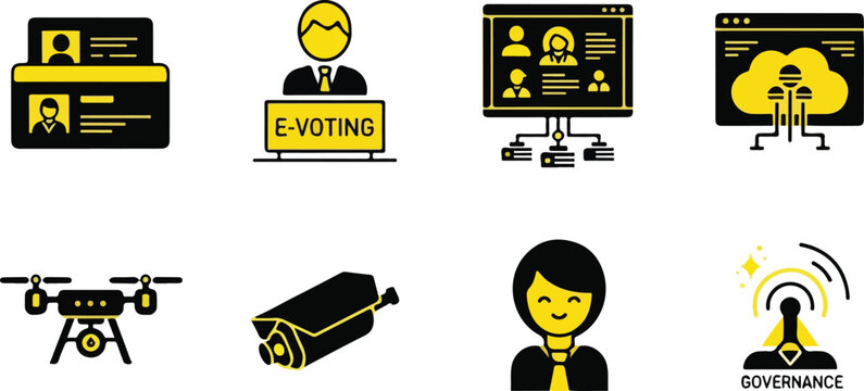 Electronic voting and digital governance icons set, black and yellow flat vector illustrations for e-voting and smart city surveillance systems