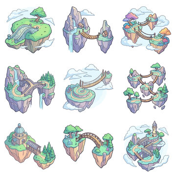 Fantastic floating islands with bridges and pathways in the sky