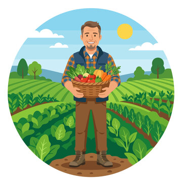 Farmer holding basket of fresh organic vegetables in sunny field illustration