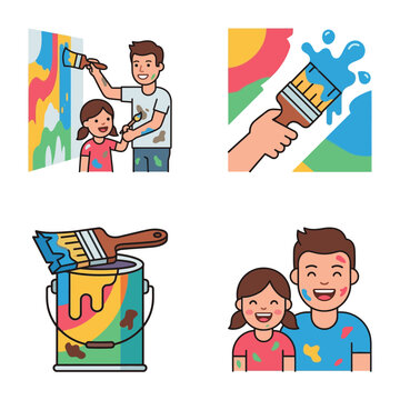 Family painting together with colorful brushes and paint.