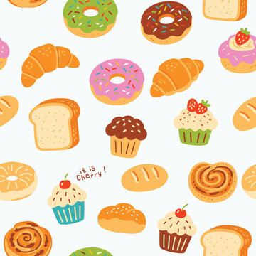 Cute Sweet Breakfast Pastries Seamless Pattern Vector 