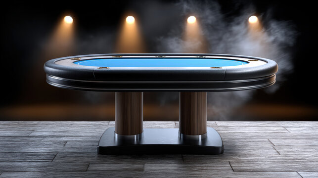 Sleek poker table with blue felt surface, wooden base, dramatic lighting, smoke effect, modern casino atmosphere