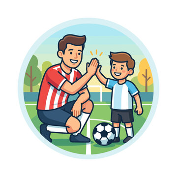 Father and son celebrating soccer goal together on field.