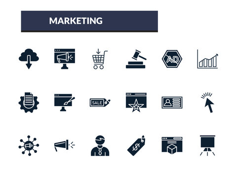 filled marketing icons set - buying, bid, ad blocker, marketing graph. editable vector for web and mobile ui