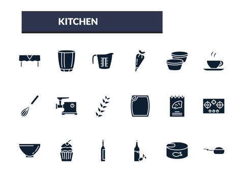 filled kitchen icons set - measuring cup, pastry bag, custard cup, tea cup. editable vector for web and mobile ui