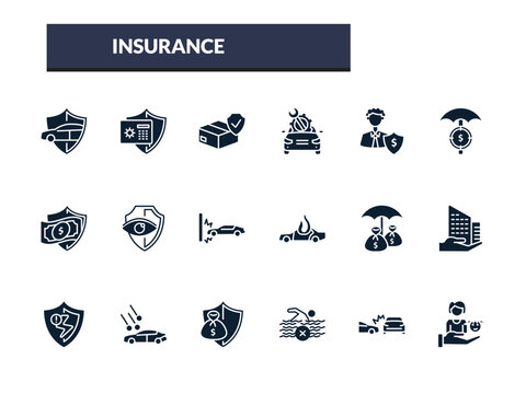 filled insurance icons set - cargo insurance, vehicle repair, beneficiary, finances. editable vector for web and mobile ui