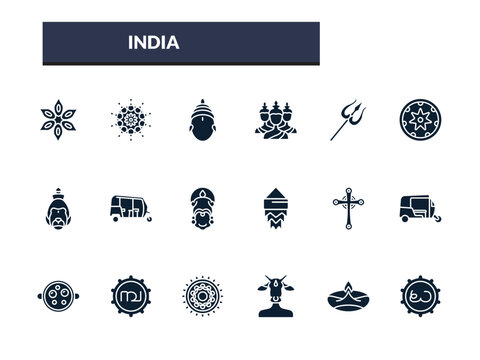 filled india icons set - sarai, brahma, shaivism, bihu. editable vector for web and mobile ui