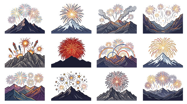 Festive fireworks display over mountain peaks celebration night sky