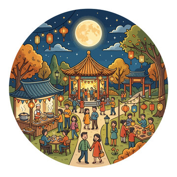 Festive night market gathering with lanterns and food stalls
