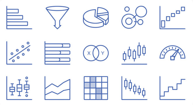Collection of flat design business analytics icons in blue on white background for data visualization