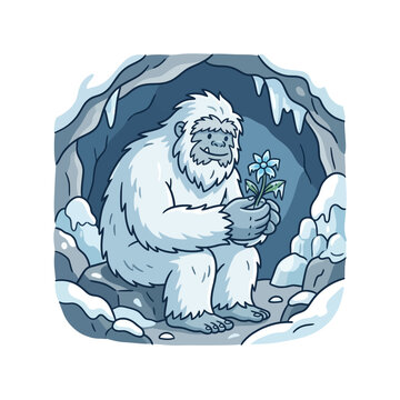 Fictional white creature holding a blue flower in snowy cave